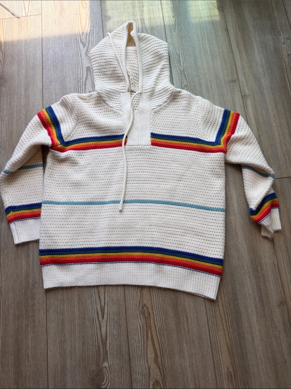 Cider Cream Crewneck Hoodie Sweater with Rainbow Stripe Accents